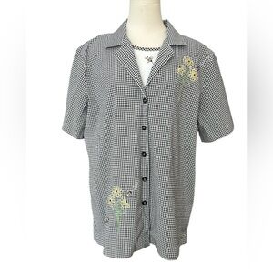 Alfred Dunner Blouse Womens 16 Top Pullover Black White Gingham Embroidered Bees
